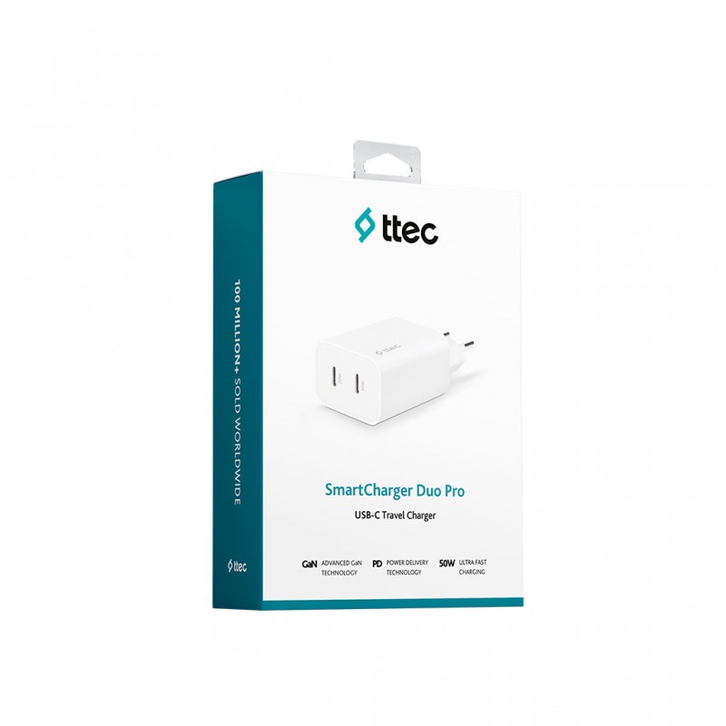 ttec SmartCharger Duo Pro GaN 50W PD Seyahat Hızlı Şarj Aleti USB-C + USB-C Beyaz  2SCG01B 